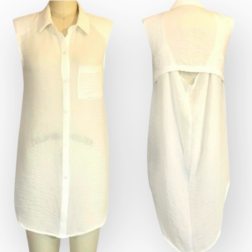 White Sheer Sleeveless Shirt Dress Duster Cover Up Small – Draped Back - Picture 1 of 9